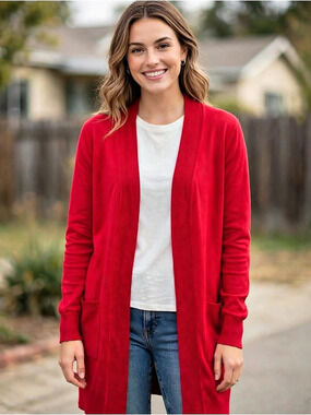 Cielo Open Front Long Cardigan with Pockets Red Size Large